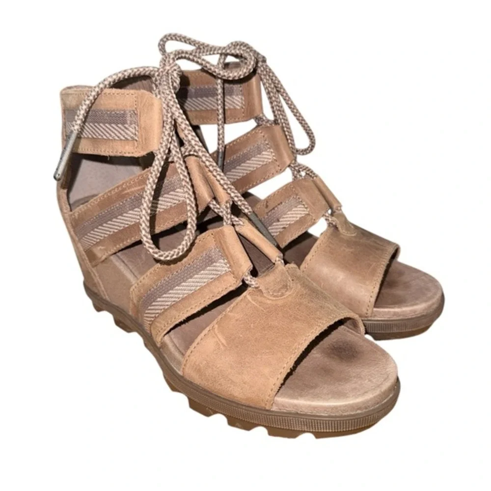 Sorel Joanie II Lace Womens 9 Pre-Owned‎ Wedge Sandal Brown Leather Strappy Lace